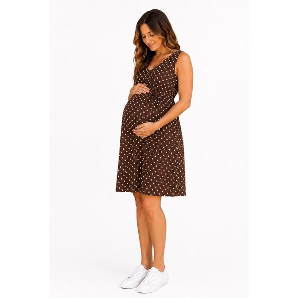 Motherhood Dresses & Skirts - Motherhood Maternity Brown White Polka Dot Sleeveless Dress Size XL Preppy